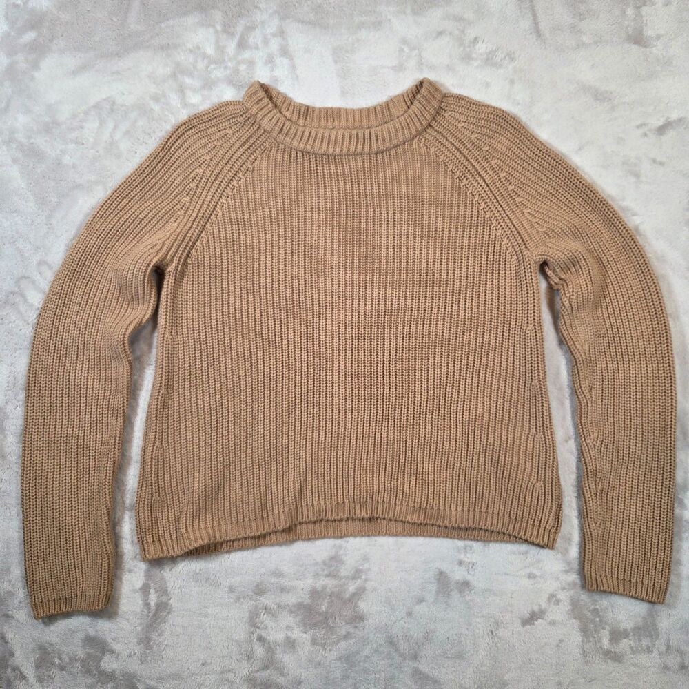 Quince Organic Cotton Fisherman Crew Sweater Women M Camel Ribbed Knit